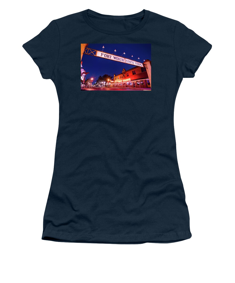 Fort Worth Women's T-Shirt featuring the photograph Fort Worth Stockyards Texas Skyline At Dawn by Gregory Ballos