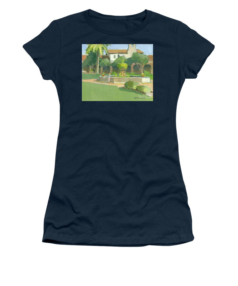 Mission Women's T-Shirt featuring the painting Fountain at Mission San Juan Capistrano, California by Paul Strahm