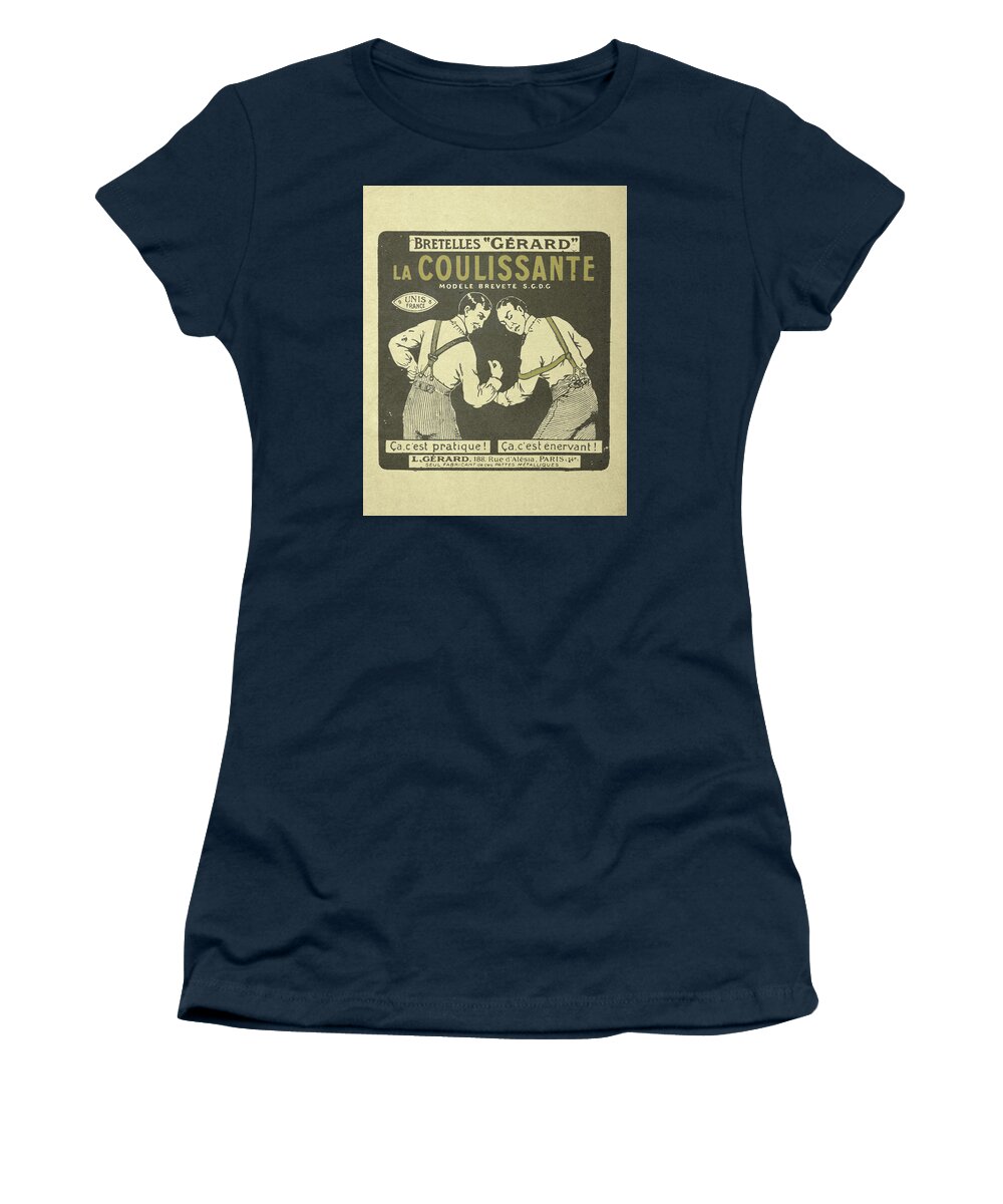 Braces Women's T-Shirt featuring the digital art French men's suspenders advertisement ad by Madame Memento