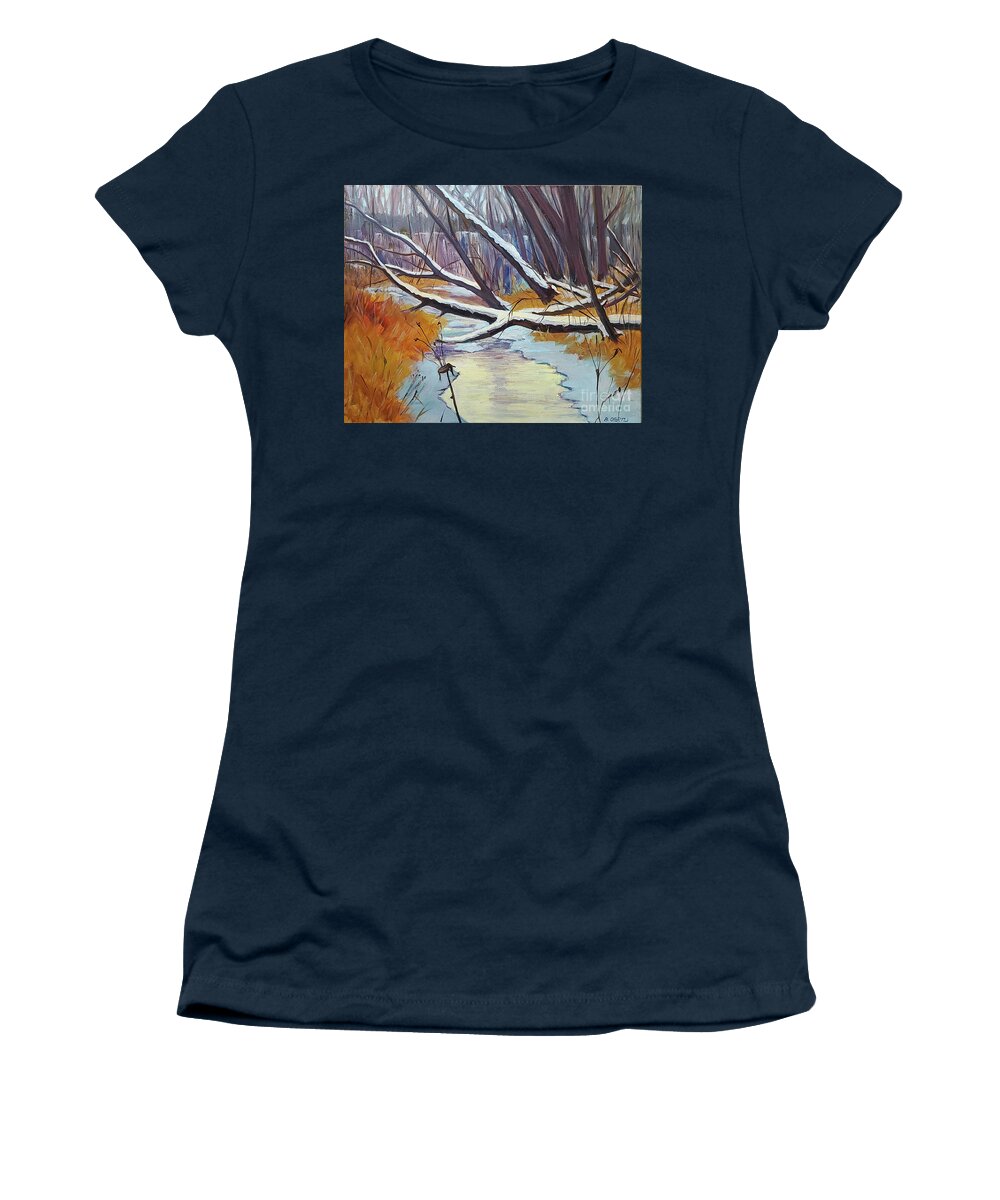Winter Women's T-Shirt featuring the painting Frozen Creek by Barbara Oertli