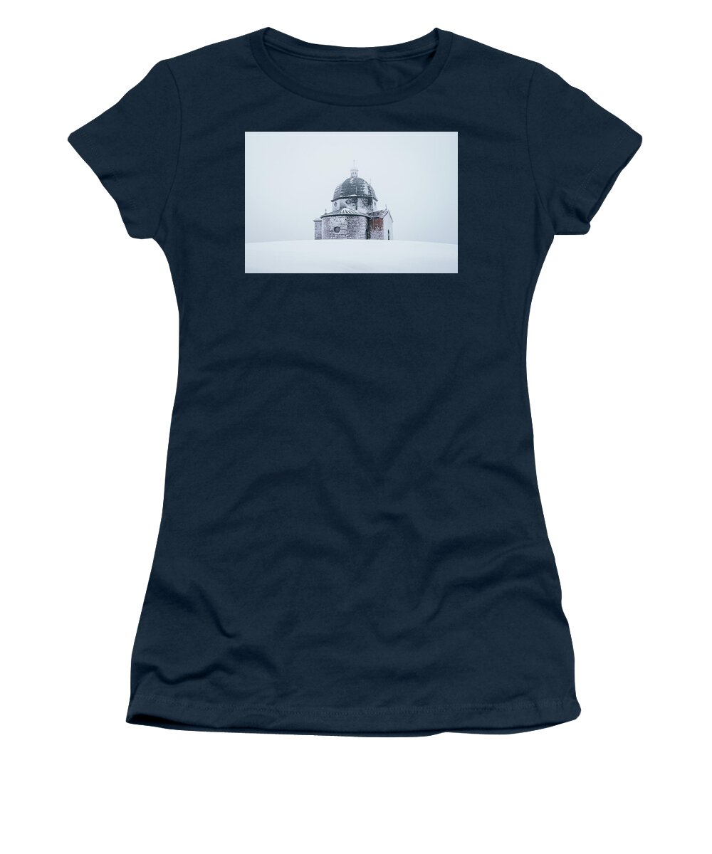 Radhost Women's T-Shirt featuring the photograph Frozen historical chapel - White colour by Vaclav Sonnek