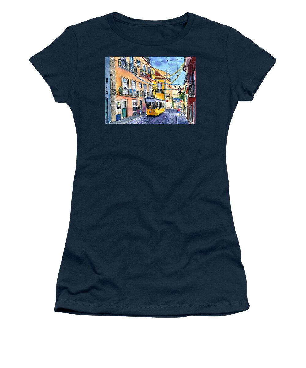 Portugal Women's T-Shirt featuring the painting Funicular Bica in Lisbon by Dora Hathazi Mendes
