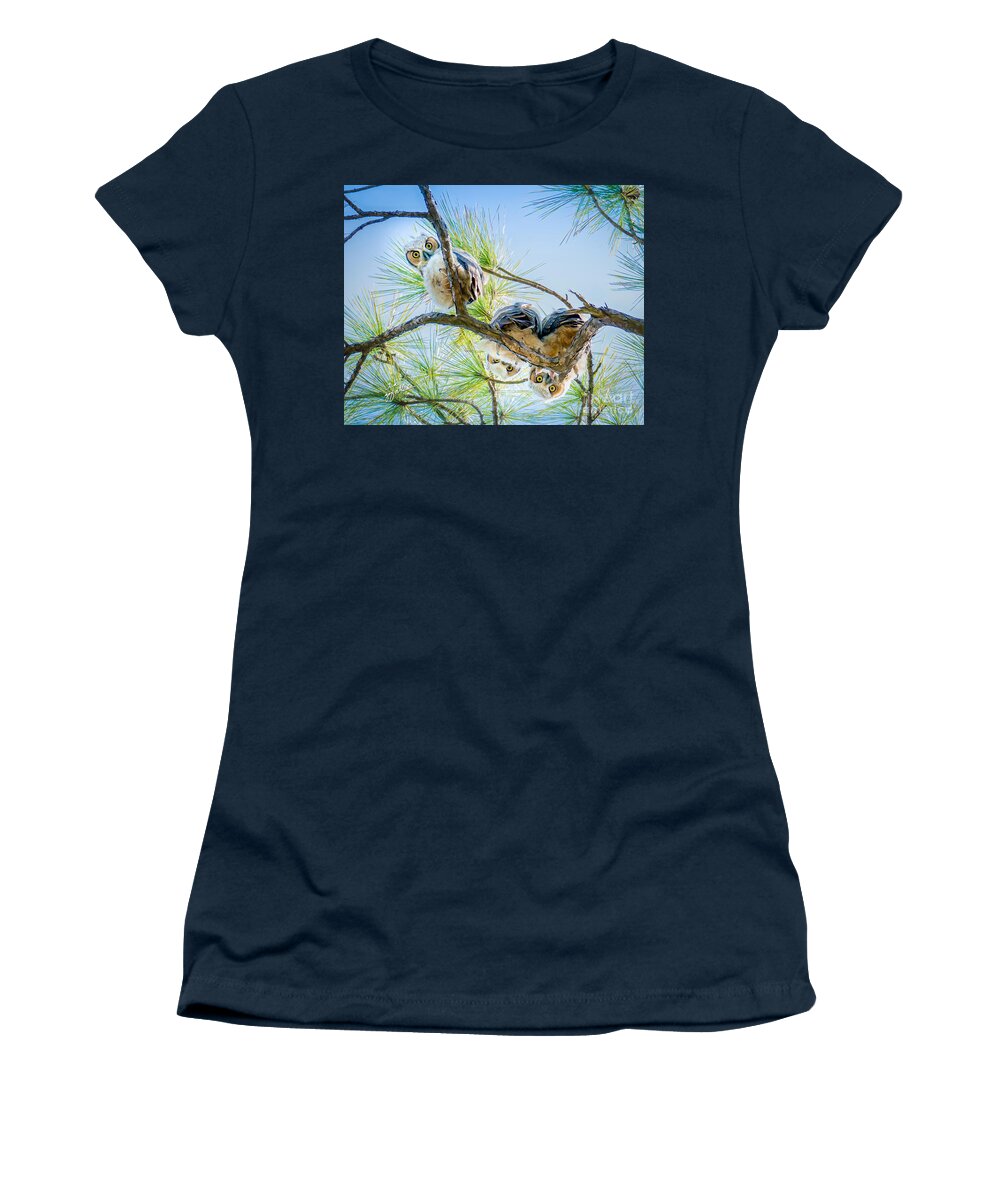 Great Horned Owlets Women's T-Shirt featuring the photograph Great Horned Owlets Just Hanging Out by TK Goforth