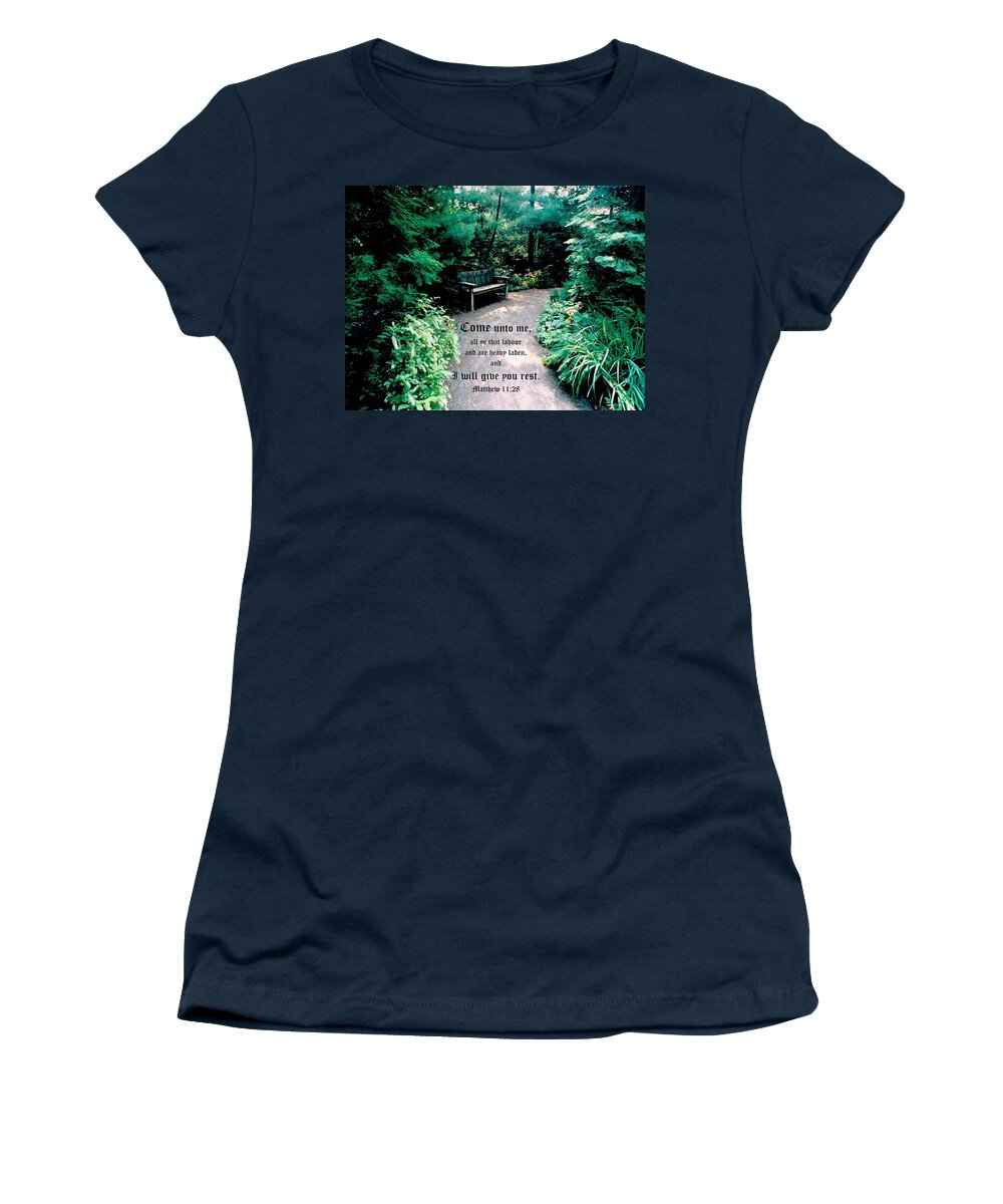 Bench Women's T-Shirt featuring the photograph Garden Hideaway Matthew 11vs28 by Mike McBrayer