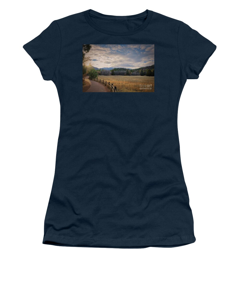 Garden Of The Gods Women's T-Shirt featuring the photograph Garden of the Gods and Pikes Peak, Central gardens pathway by Abigail Diane Photography
