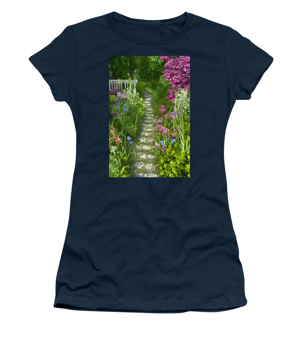 Garden Women's T-Shirt featuring the mixed media Garden Path I by Bonnie Bruno