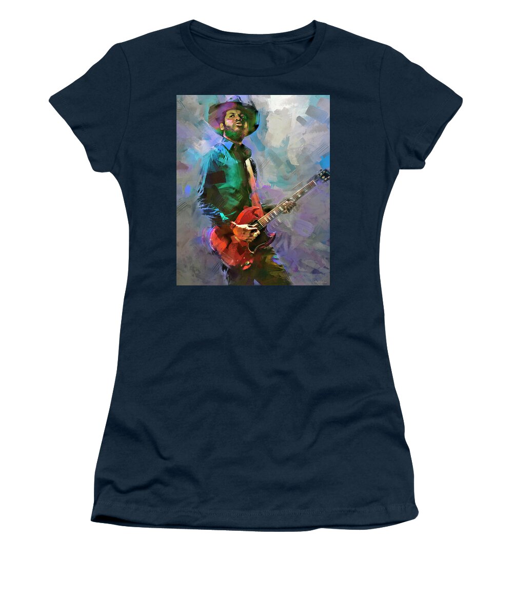 Gary Clark Jr Women's T-Shirt featuring the mixed media Gary Clarke Jr Blues Guitar Master by Mal Bray