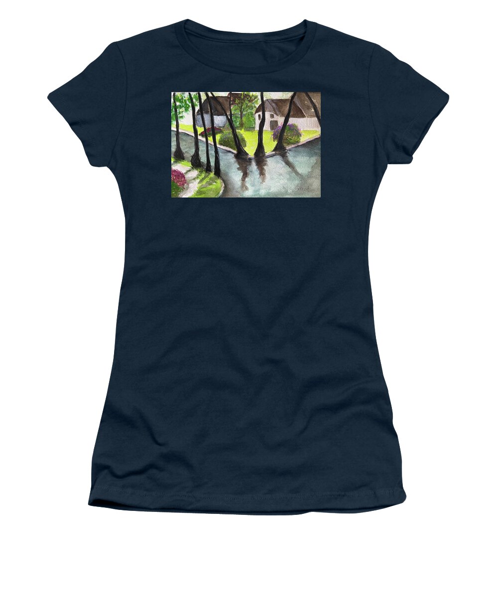 Netherlands Women's T-Shirt featuring the painting Giethoorn Netherlands Landscape by Roxy Rich