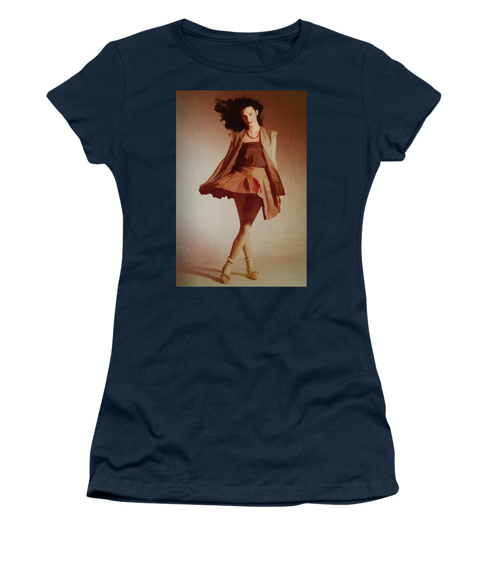 Perry Ellis Women's T-Shirt featuring the photograph Girl in Flared Skirt 1978 by Steve Ladner