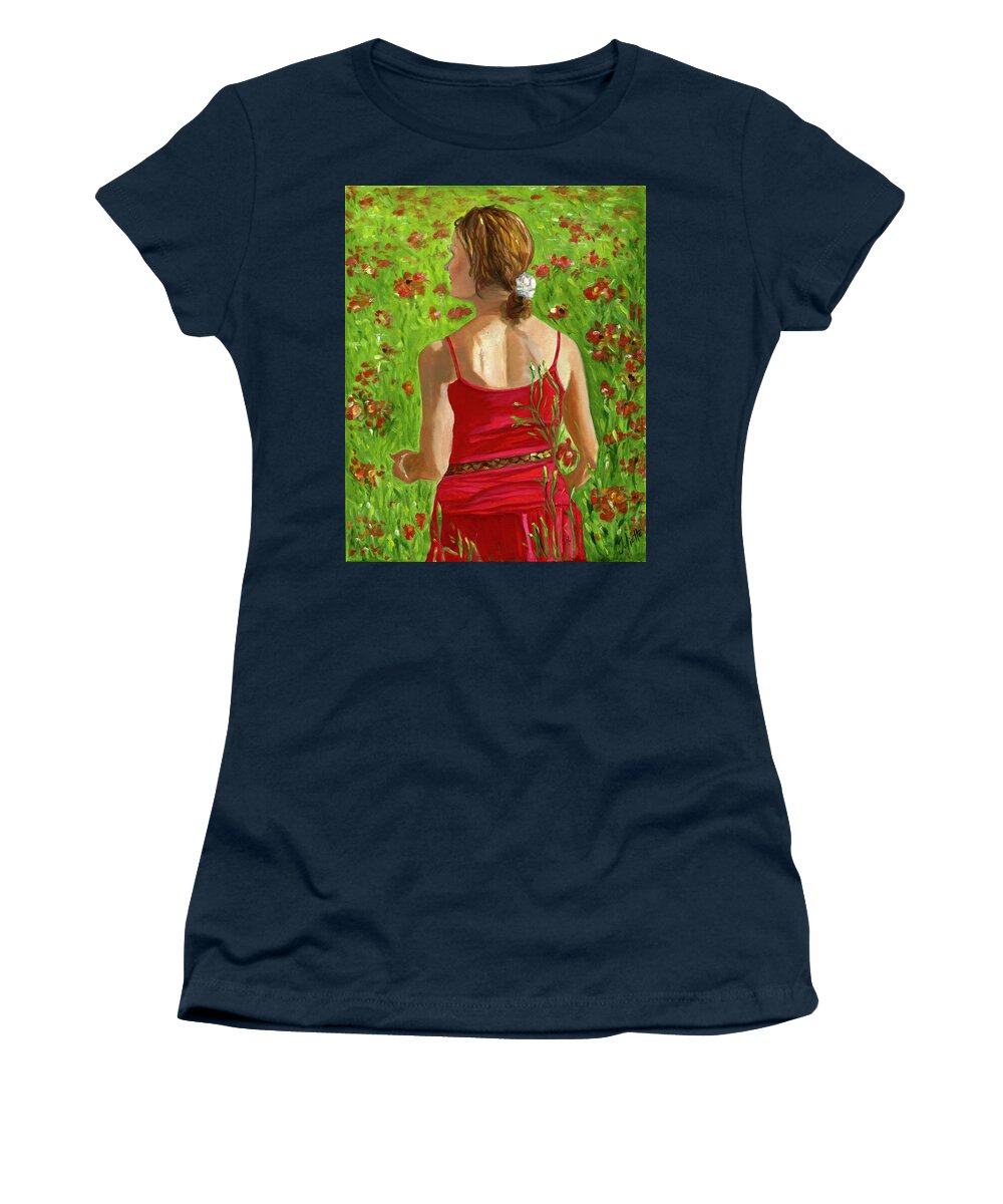 Woman Women's T-Shirt featuring the painting Girl in Poppy Field by Juliette Becker