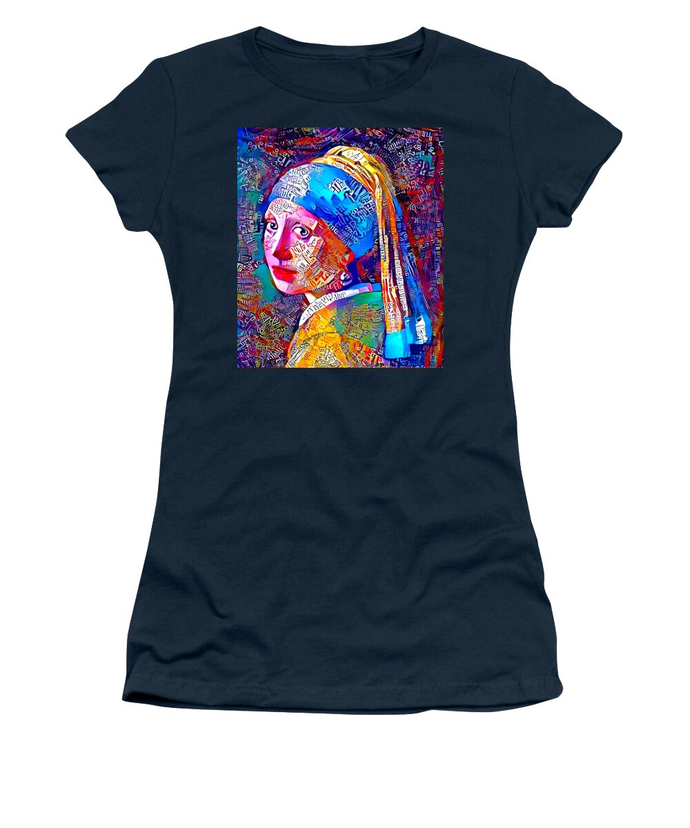 Girl With A Pearl Earring Women's T-Shirt featuring the digital art Girl with a Pearl Earring by Johannes Vermeer - colorful close up by Nicko Prints