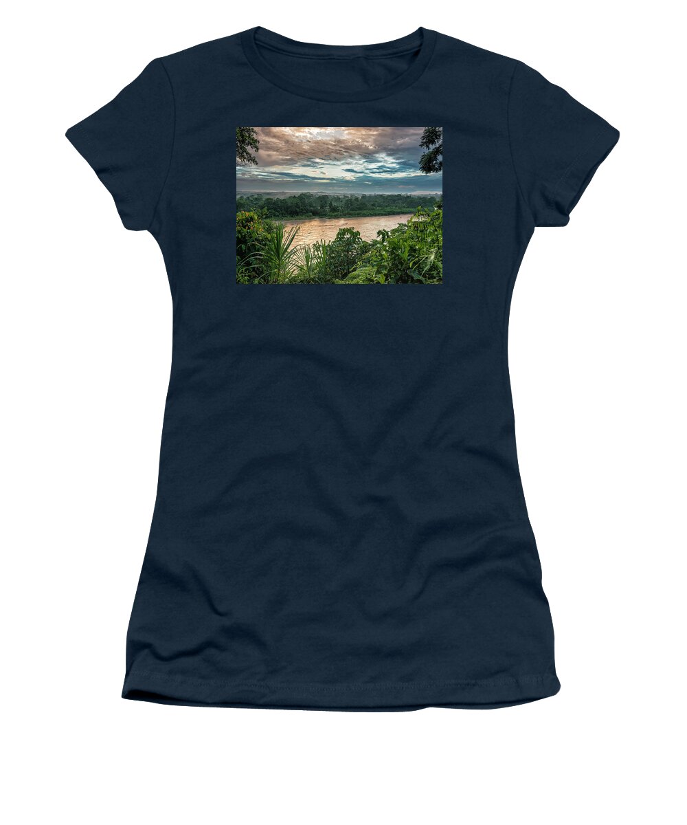 Ahuano Women's T-Shirt featuring the photograph Golden hour on the Napo river by Henri Leduc