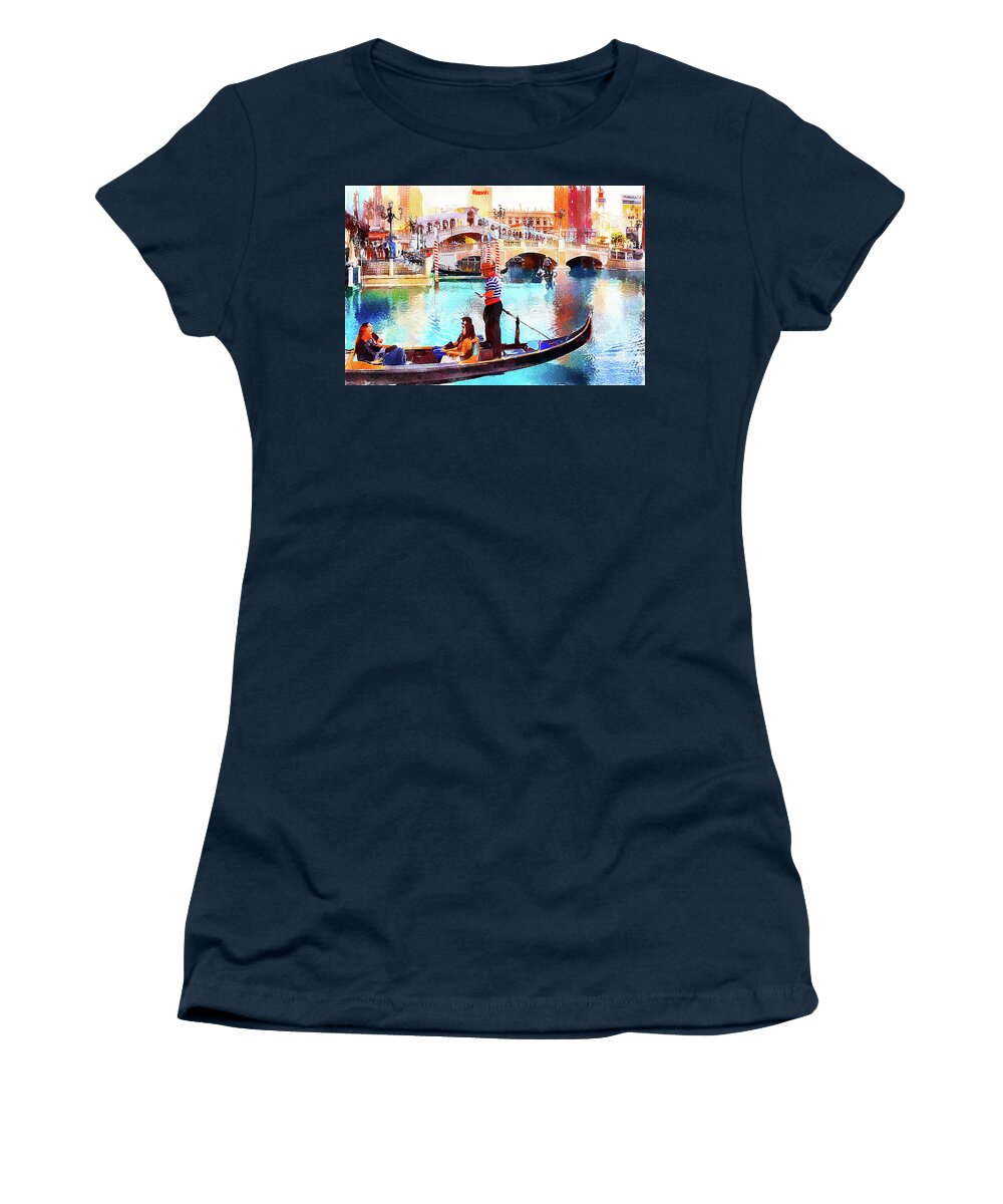 Venice Las Vegas Women's T-Shirt featuring the mixed media Gondola rides at the Venetian Las Vegas by Tatiana Travelways