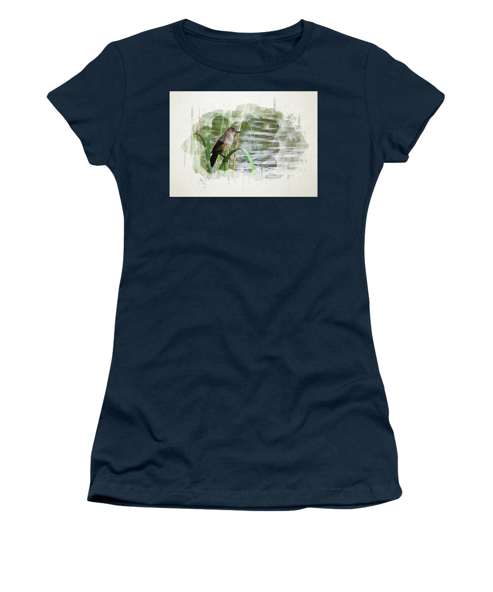 Grackle Women's T-Shirt featuring the digital art Grackle by the Lake by Alison Frank