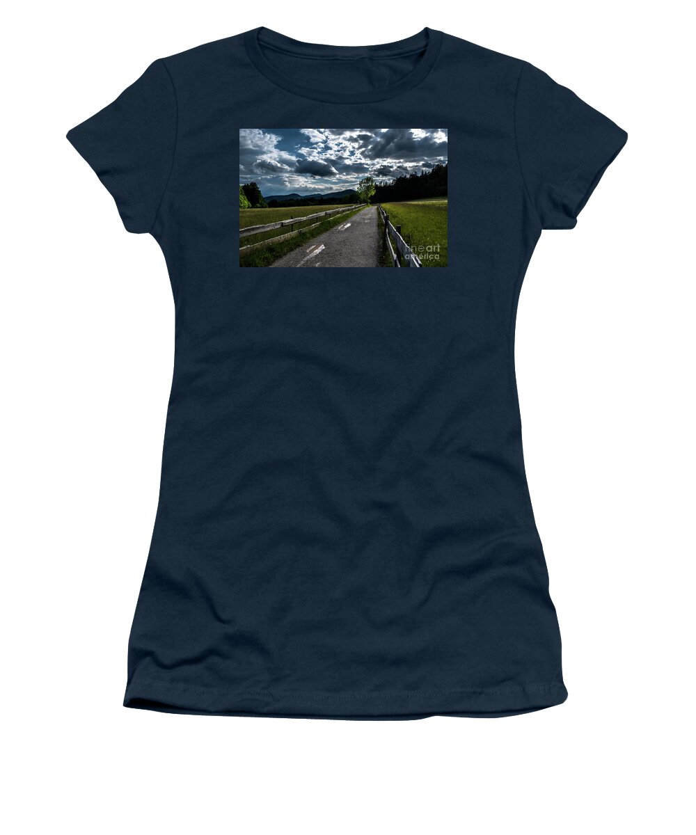 Abandoned Women's T-Shirt featuring the photograph Gravel Road With Wooden Fence In Rural Landscape At Rainy Weather In Austria by Andreas Berthold