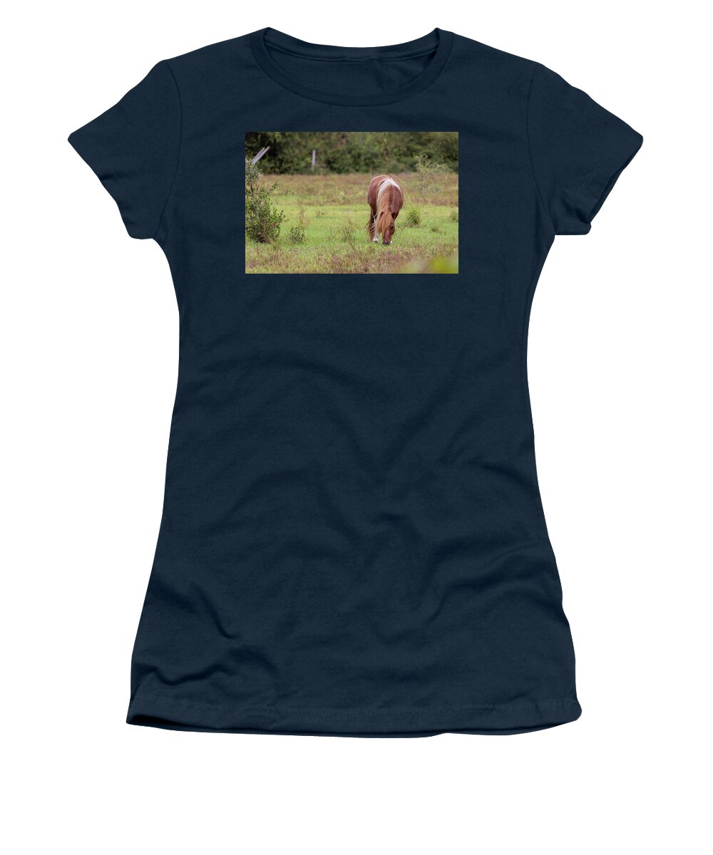 Camping Women's T-Shirt featuring the photograph Grazing Horse #291 by Michael Fryd