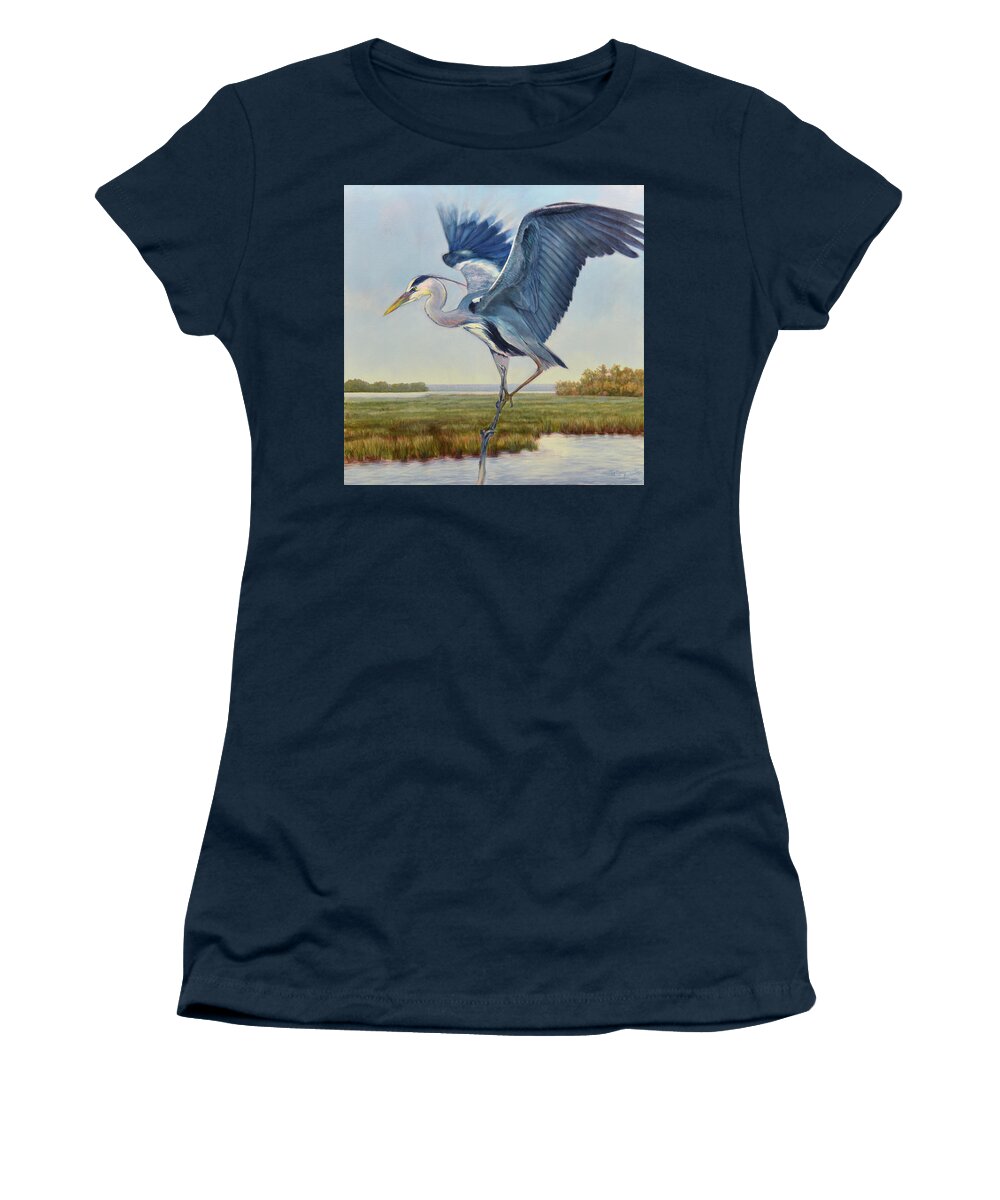 Great Blue Heron Painting Marsh Coast Coastal Green Tide Creek Wings Taking Flight Dancing For Dinner Balancing Act Stick Legs Wing Beat Light As Air Women's T-Shirt featuring the painting Great Blue by Pam Talley