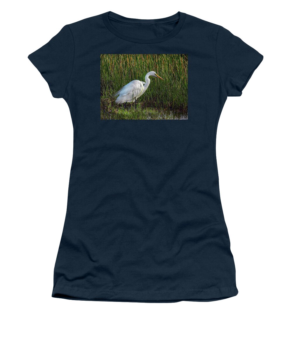 Wildlife Women's T-Shirt featuring the photograph Great Egret at Sunset by Laura Putman