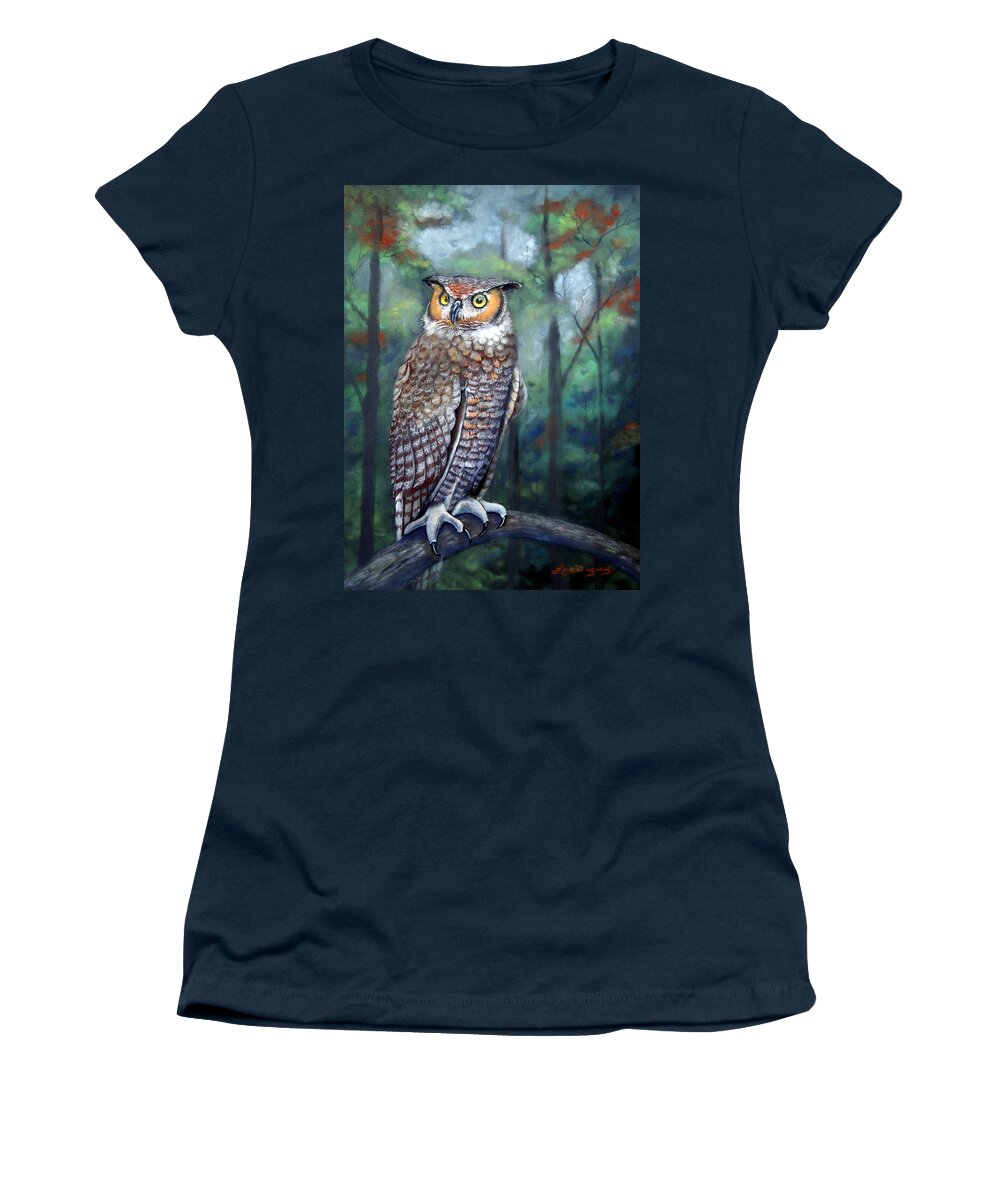 Owl Women's T-Shirt featuring the pastel Great Horned Owl by Lora Duguay
