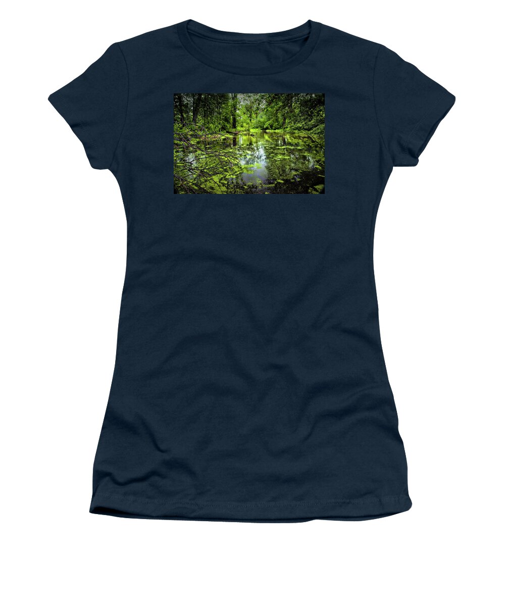 Green Pond Women's T-Shirt featuring the photograph Green Blossoms On Pond by Jerry Cowart