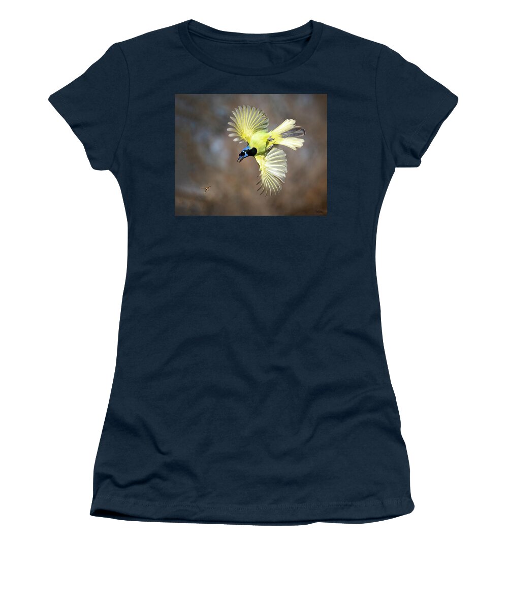 Green Jays Women's T-Shirt featuring the photograph Green Jay chasing Wasp by Judi Dressler