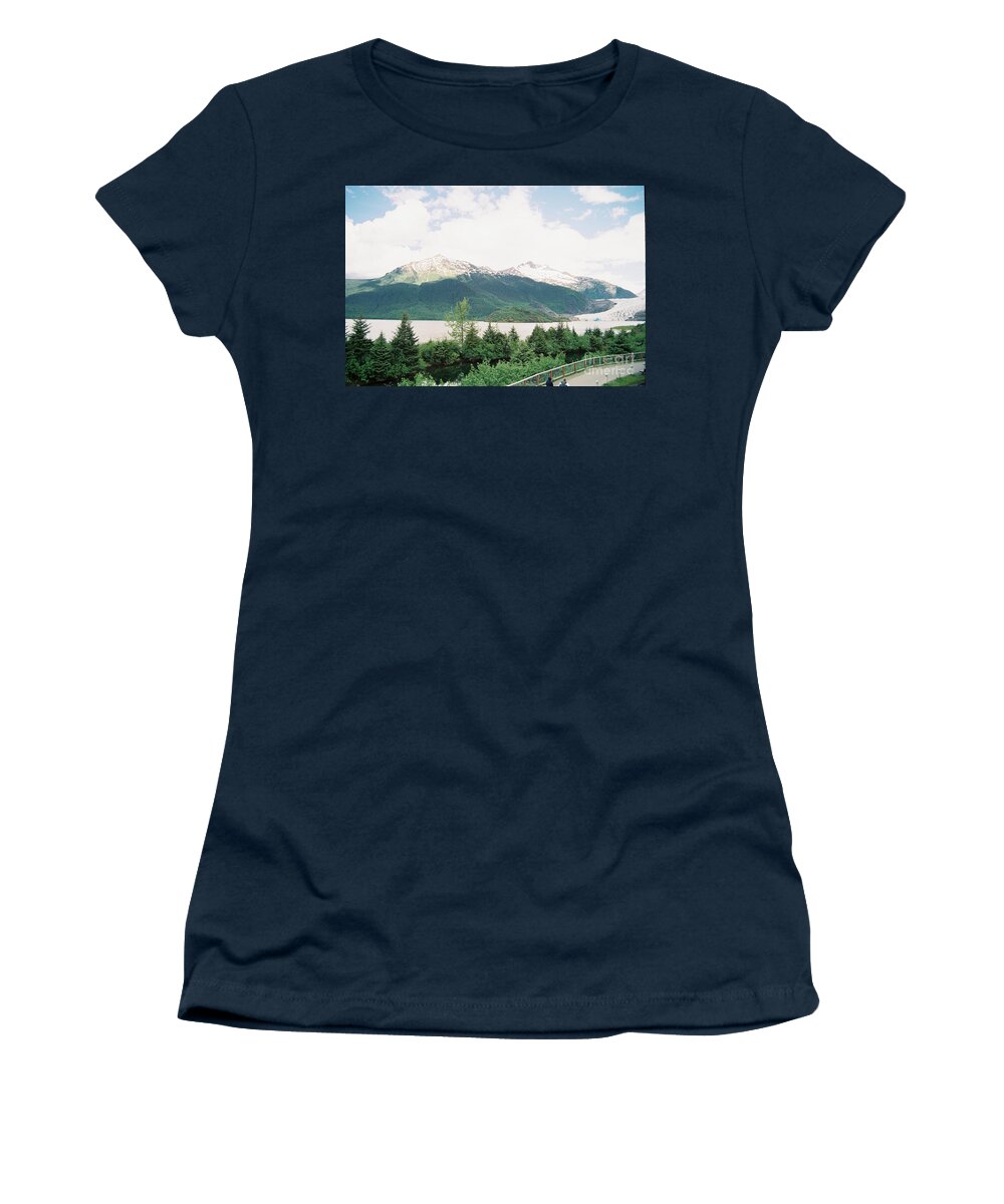 #alaska #ak #juneau #cruise #tours #vacation #peaceful #sealaska #southeastalaska #calm #mendenhalllake #mendenhallglacier #glacier #capitalcity #forrest #clouds #cloudy Women's T-Shirt featuring the photograph Green on the Lakeside by Charles Vice