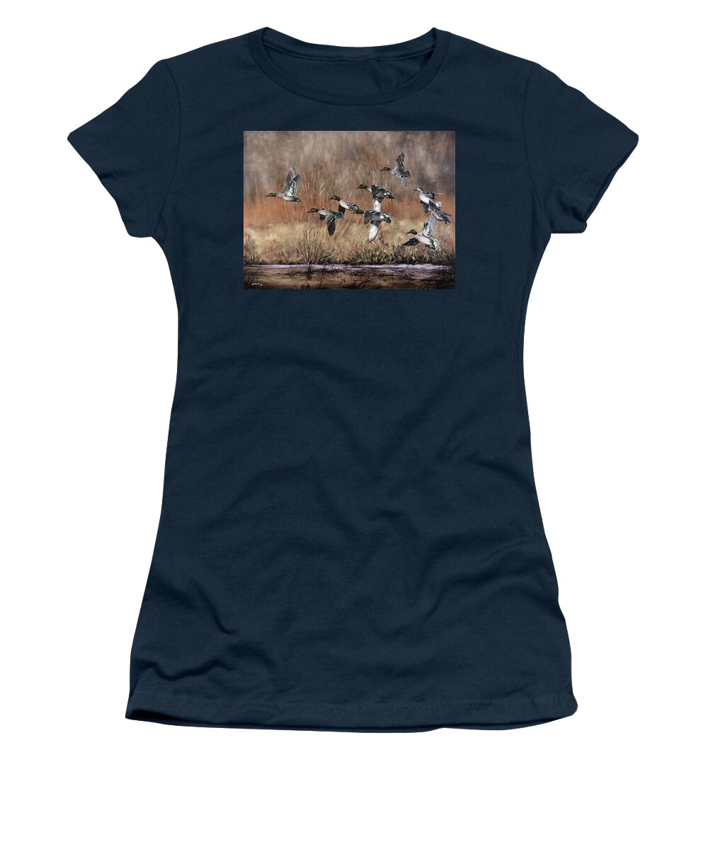Duck Women's T-Shirt featuring the painting Green-Winged Getaway by Glenn Pollard