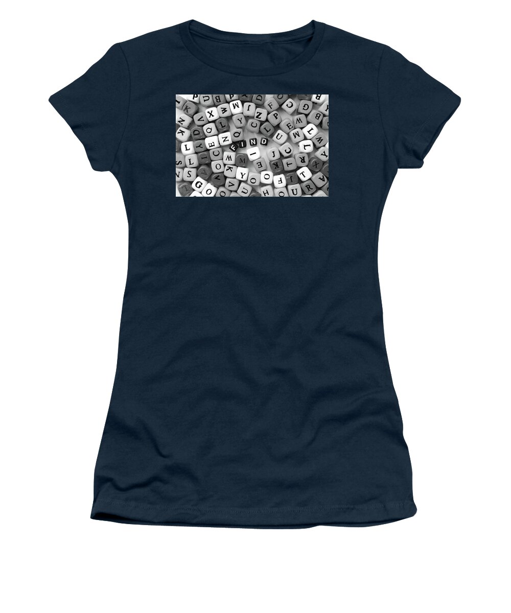 Find Women's T-Shirt featuring the photograph Grey Mixed Letters And Black Word Find by Severija Kirilovaite