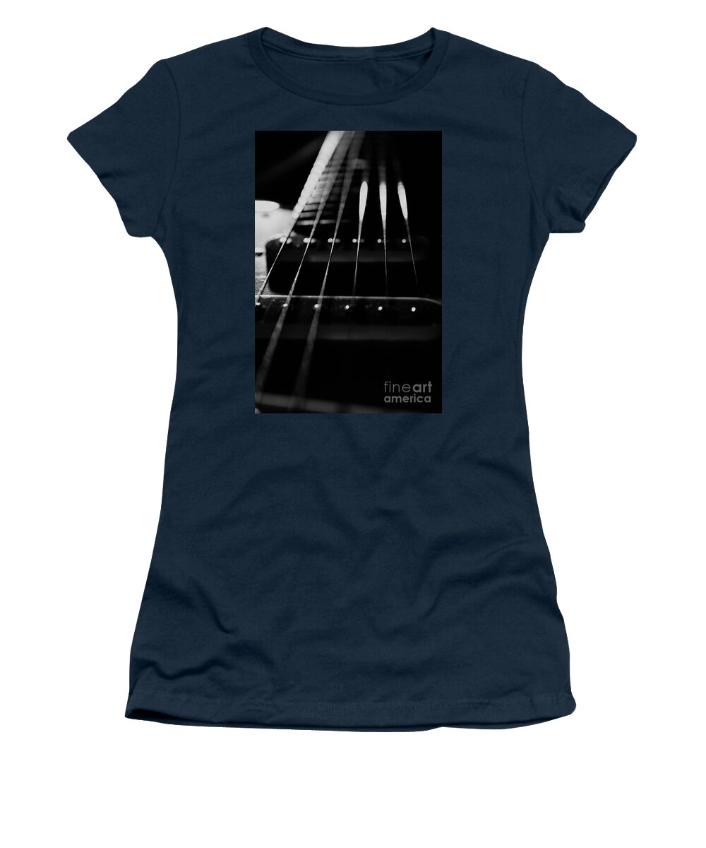 Abstract Women's T-Shirt featuring the photograph Guitar Cords Low Key Black and White Abstract Still Life Guitar Photograph by PIPA Fine Art - Simply Solid
