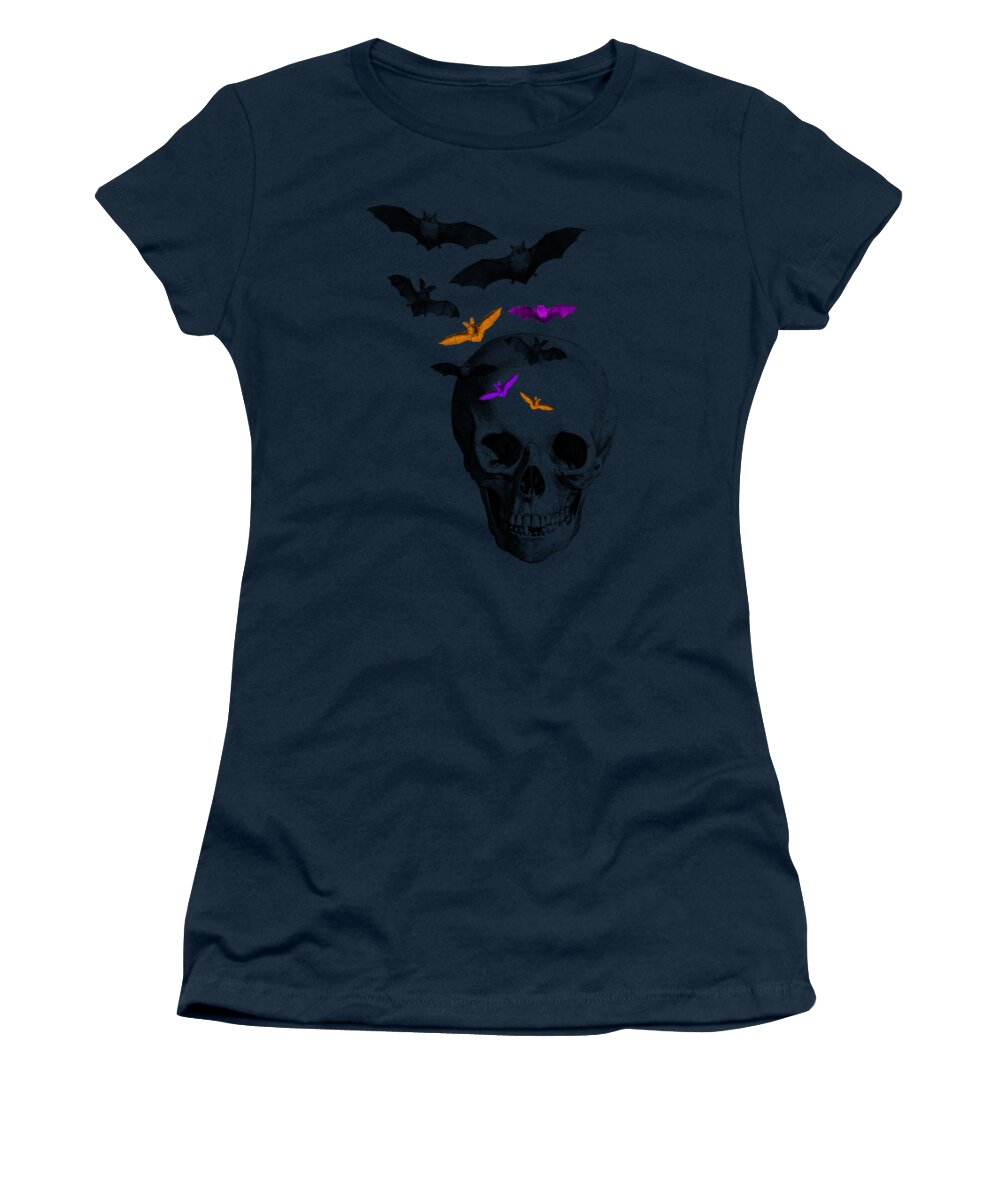 Bat Women's T-Shirt featuring the digital art Halloween Skull with Bats by Madame Memento