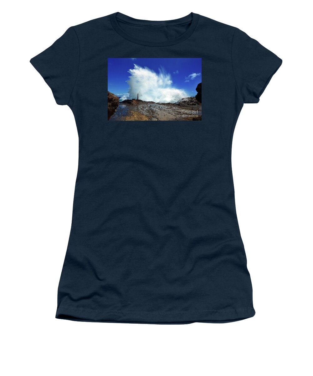 Halona Blowhole Women's T-Shirt featuring the photograph Halona Blowhole Crashing Wave by Aloha Art