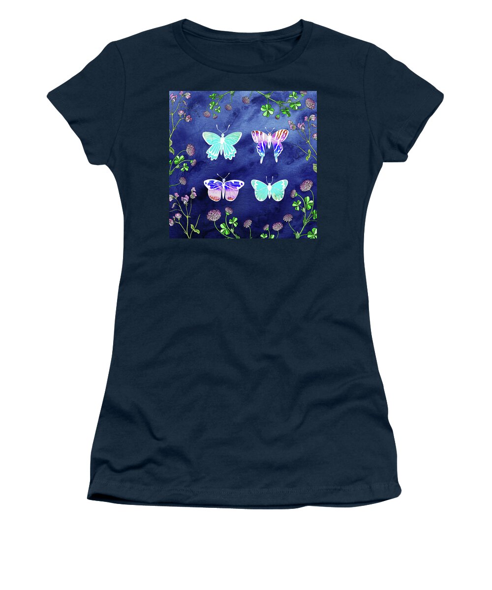 Butterflies Women's T-Shirt featuring the painting Happy Free Flight Of Four Beautiful Light Butterflies Watercolor by Irina Sztukowski