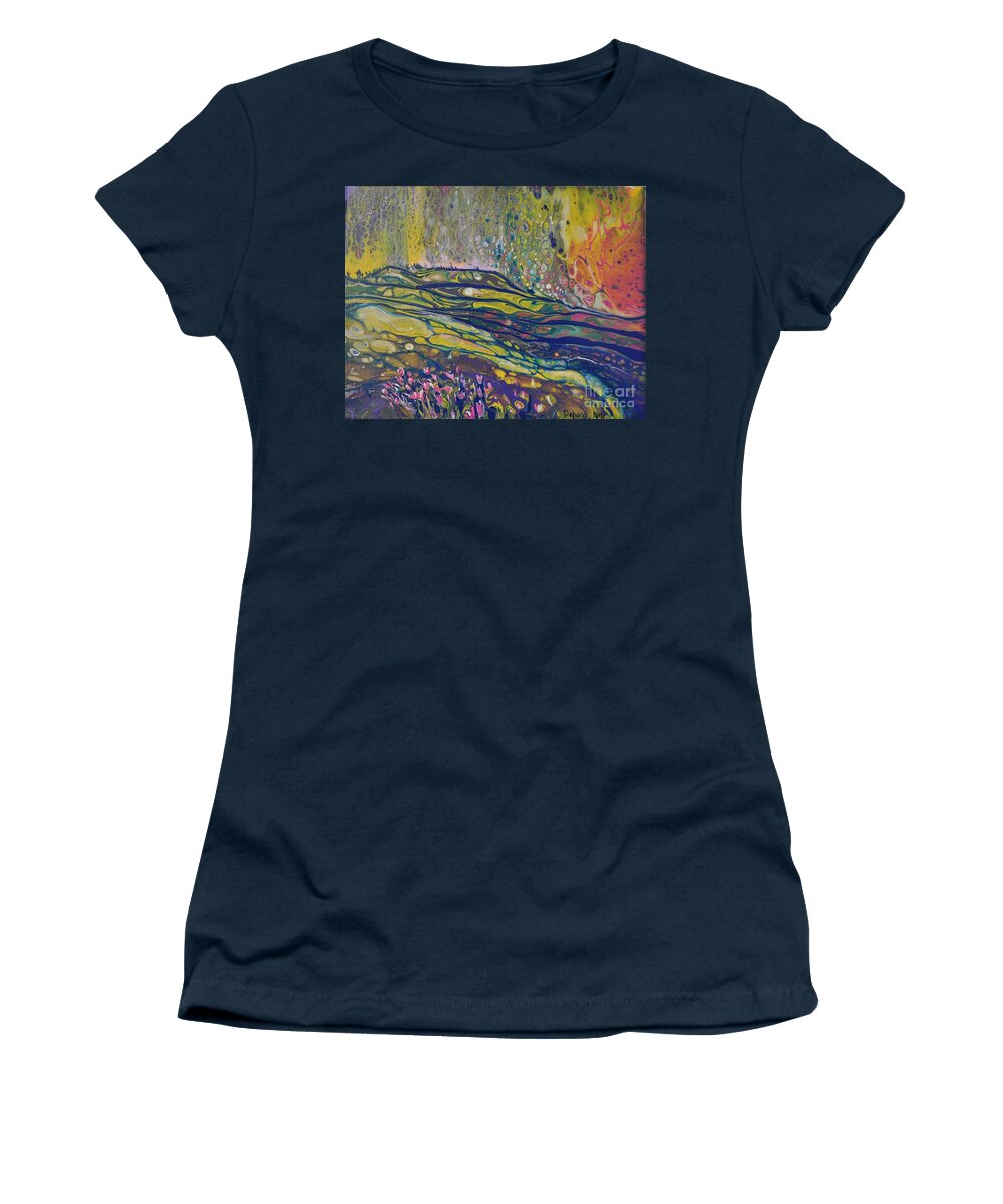 Fluid Art Women's T-Shirt featuring the painting Hills Ablaze by Deborah Nell