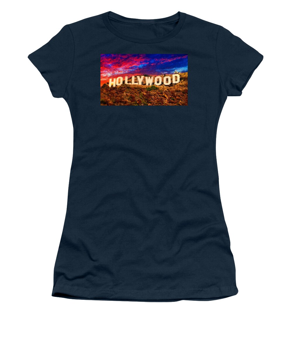 Hollywood Women's T-Shirt featuring the digital art Hollywood sign in the sunset light with a dramatic sky - digital painting by Nicko Prints