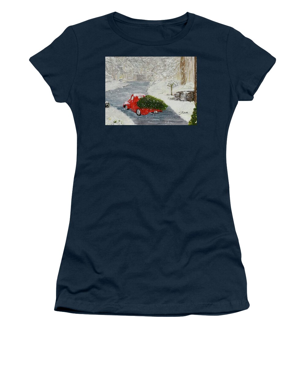 Red Truck Women's T-Shirt featuring the painting Home For Christmas by Juliette Becker