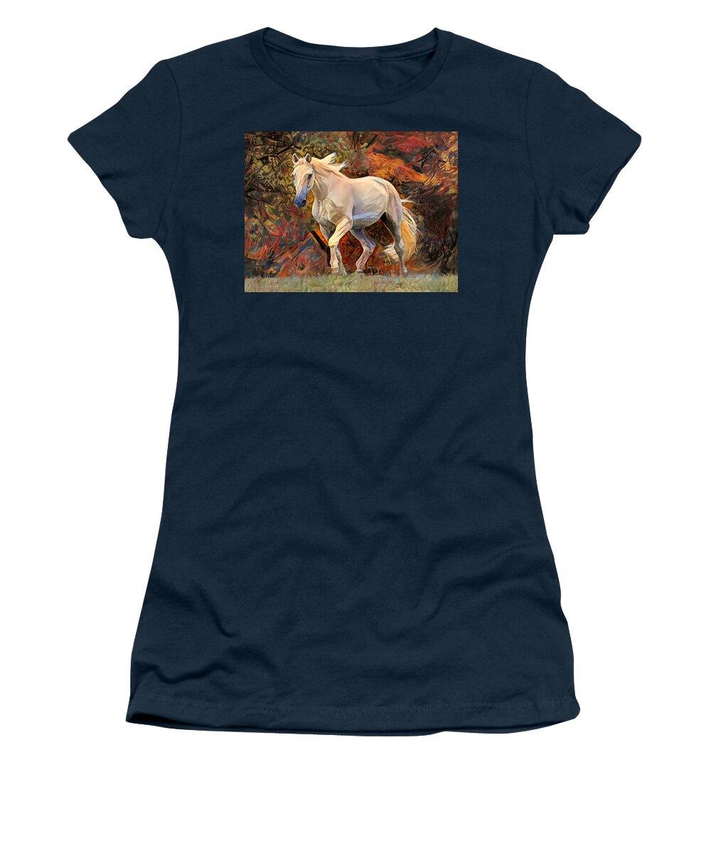 Horse Pasture Run Women's T-Shirt featuring the mixed media Horses Autumn Pasture Run by Sandi OReilly