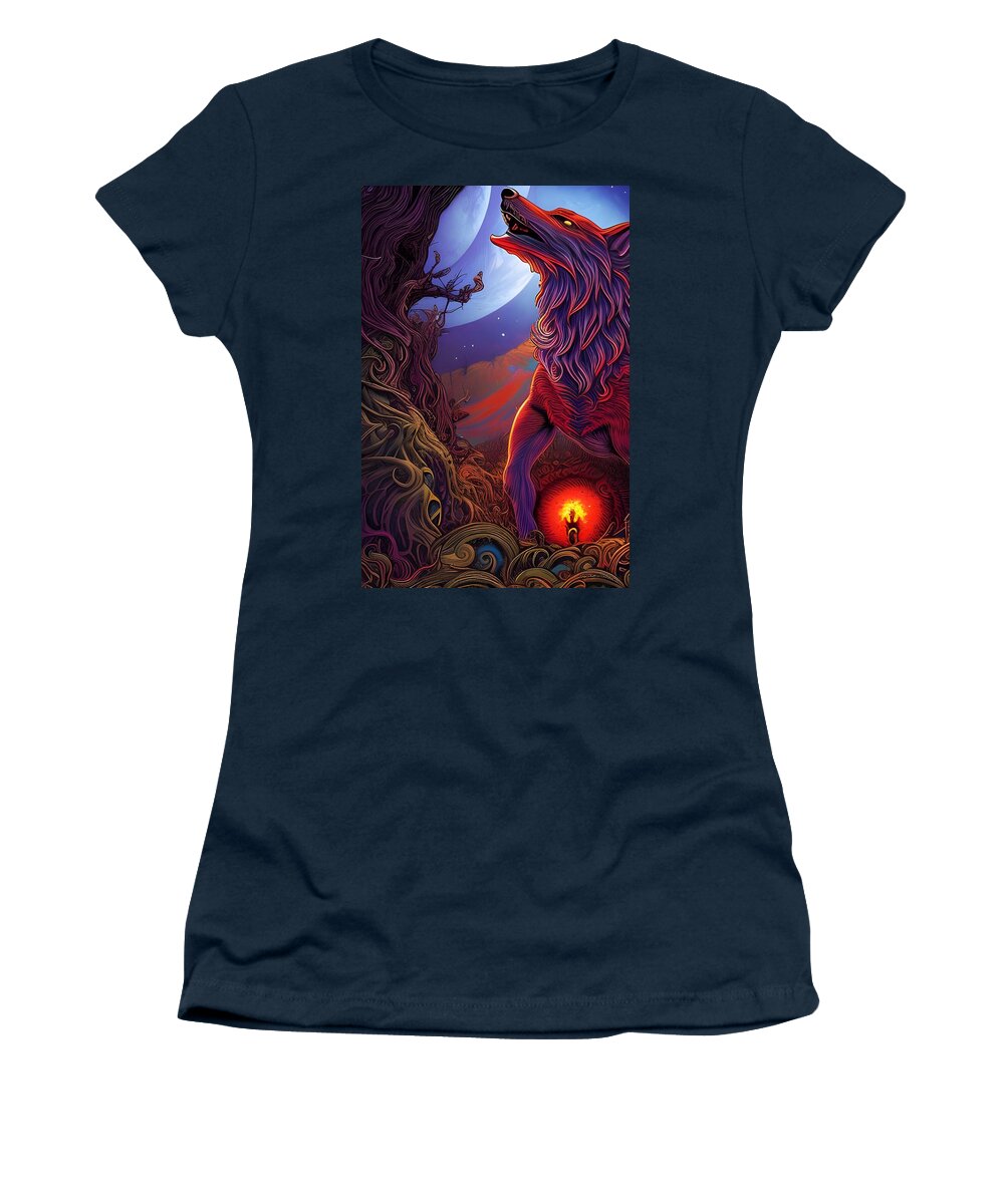 Wolf Women's T-Shirt featuring the digital art Howling Wolf Rooted Under The Moon by Jason Denis