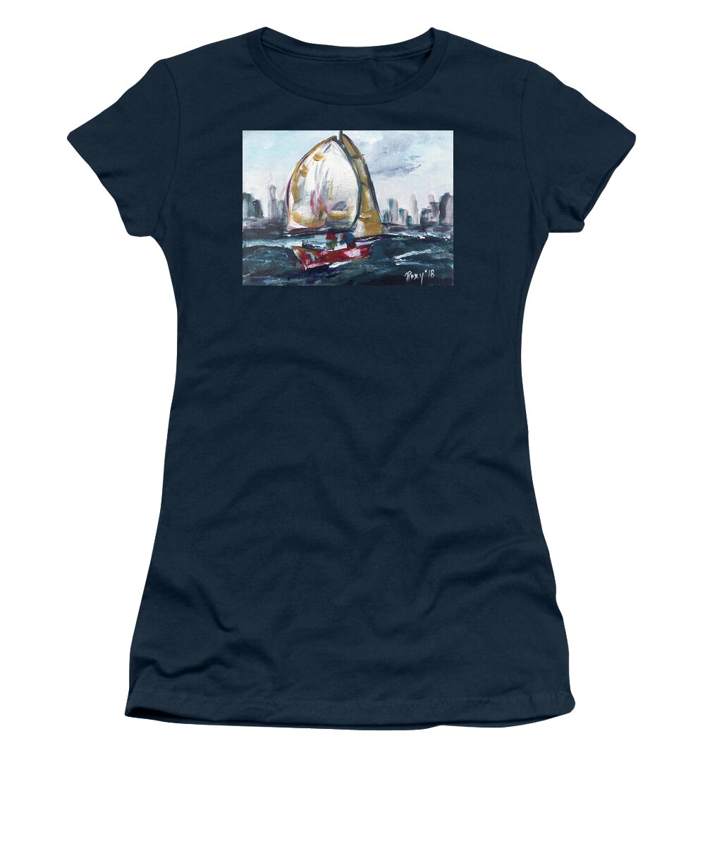 Big Sail Women's T-Shirt featuring the painting Hudson Sailing by Roxy Rich