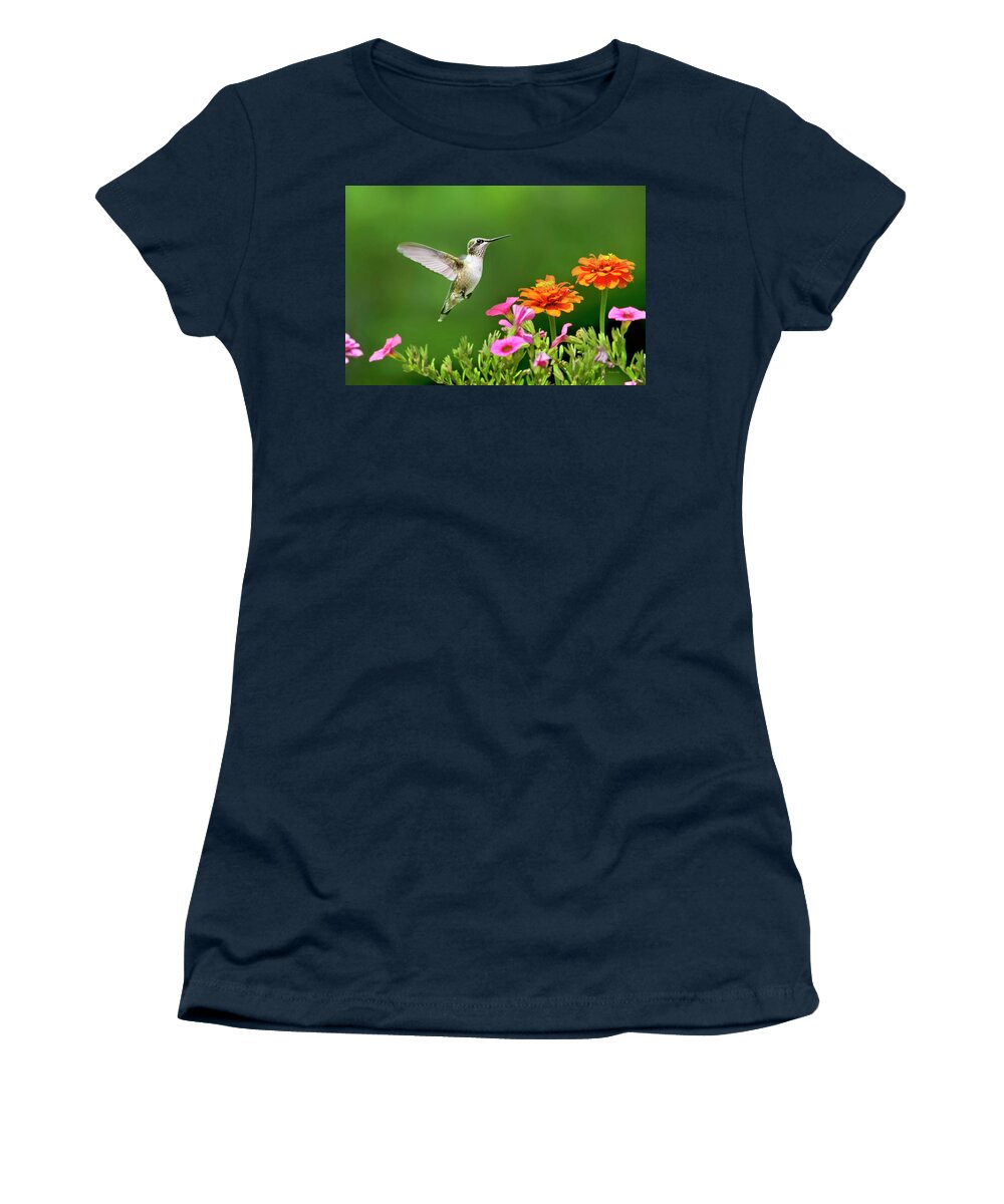 Hummingbird Women's T-Shirt featuring the photograph Hummingbird Flying With Flowers by Christina Rollo