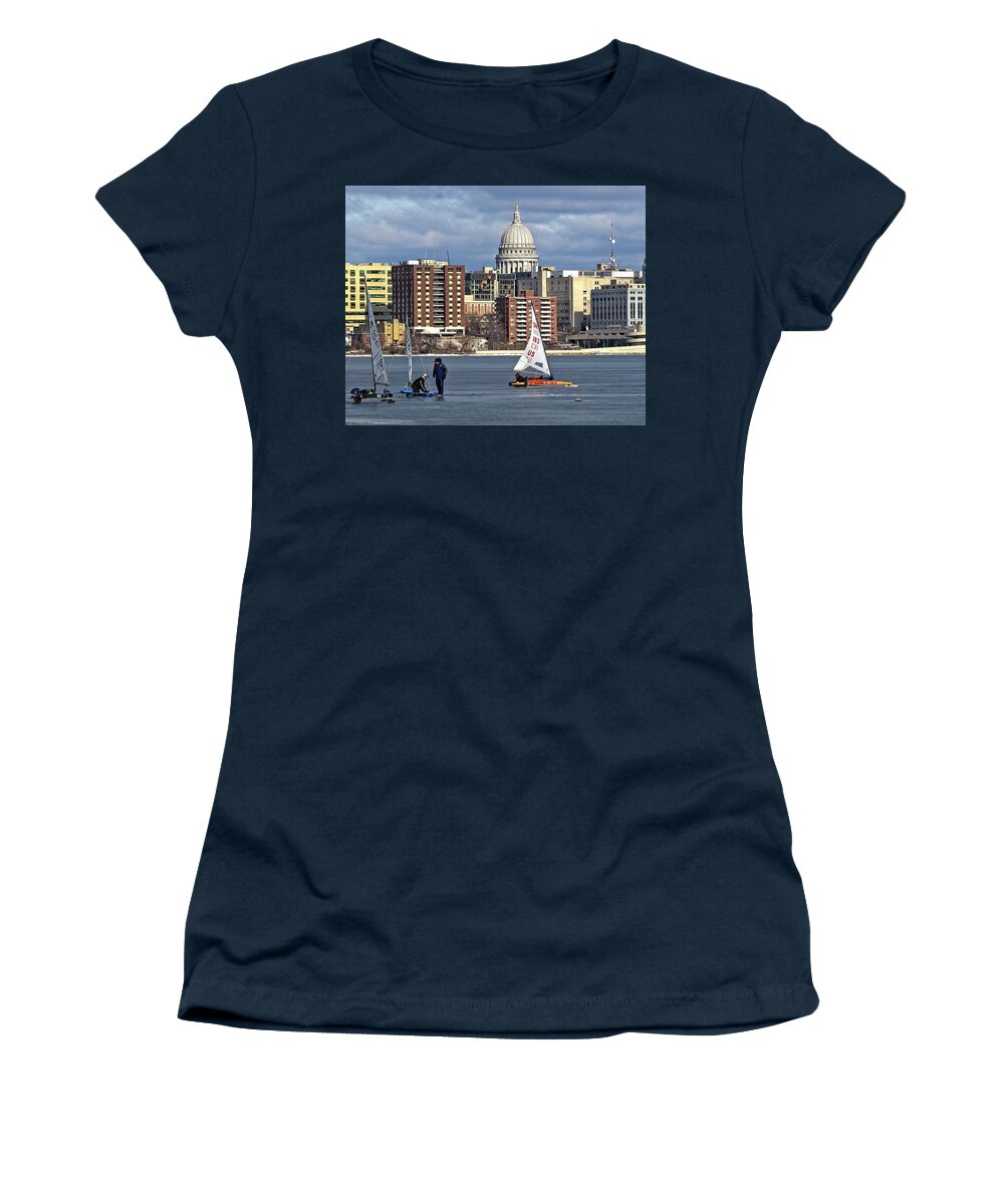 Ice Boats Women's T-Shirt featuring the photograph Ice boats and Capitol, Madison, Wisconsin 2 by Steven Ralser