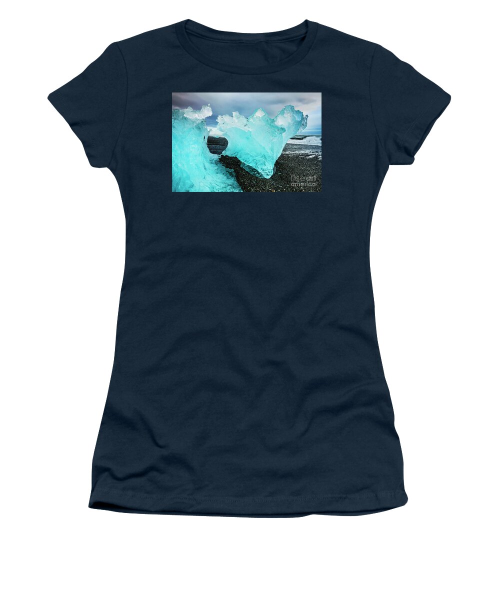 Diamond Beach Women's T-Shirt featuring the photograph Icebergs on Jokulsarlon black beach, Iceland by Neale And Judith Clark