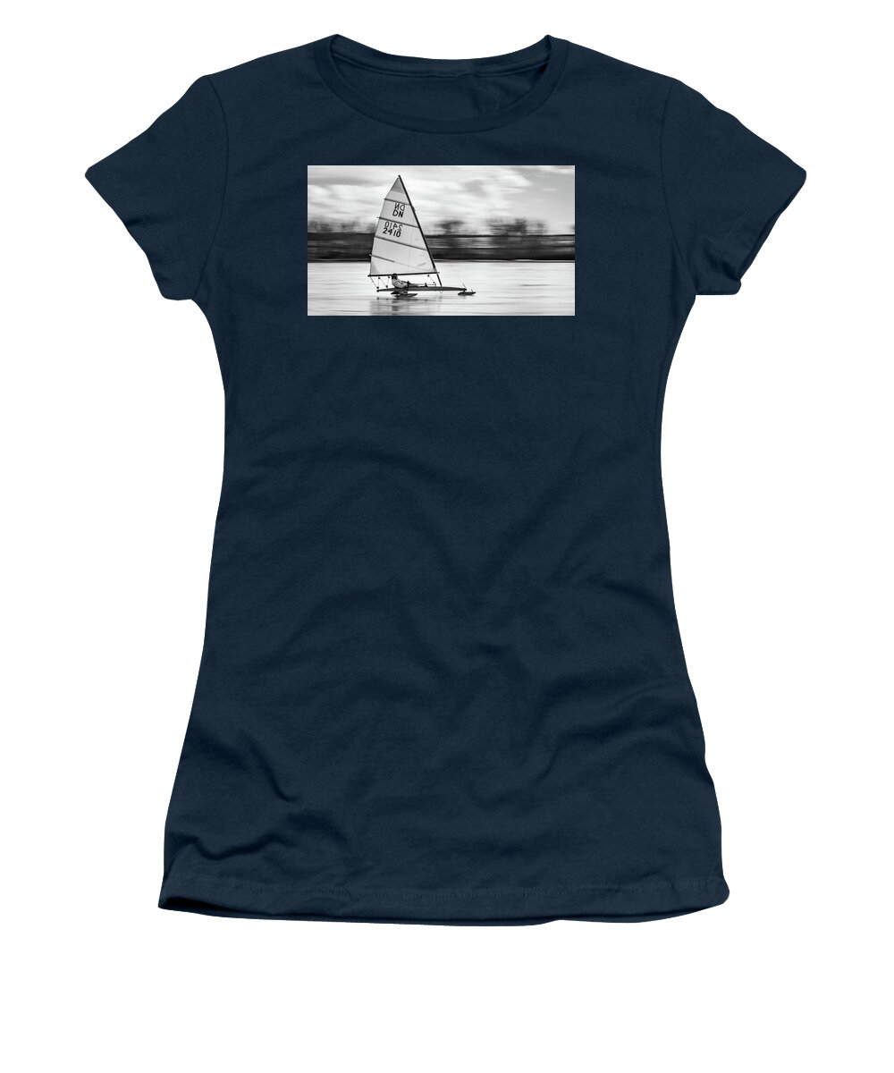 Iceboat Women's T-Shirt featuring the photograph Iceboat - black and white by Stephen Holst