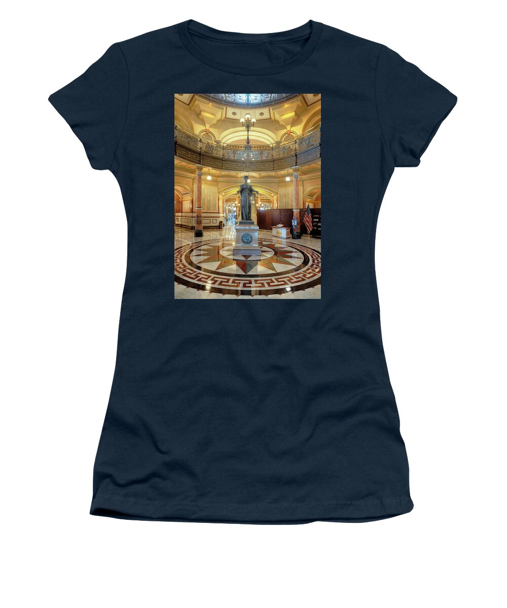 Illinois State Capitol Women's T-Shirt featuring the photograph Illinois State Capitol - Illinois Welcoming the World Statue by Susan Rissi Tregoning