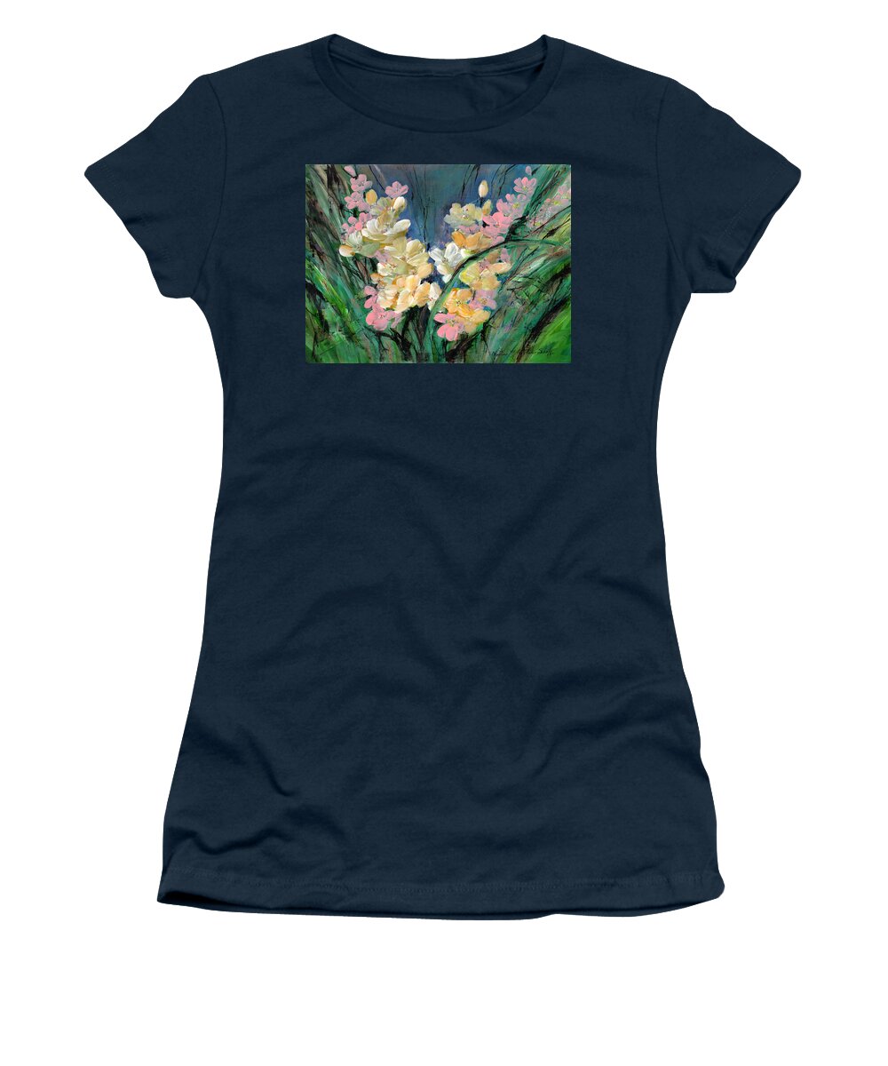 Flowers. Dancing Women's T-Shirt featuring the painting Imaginary Garden - Dancing in the Wind by Charlene Fuhrman-Schulz