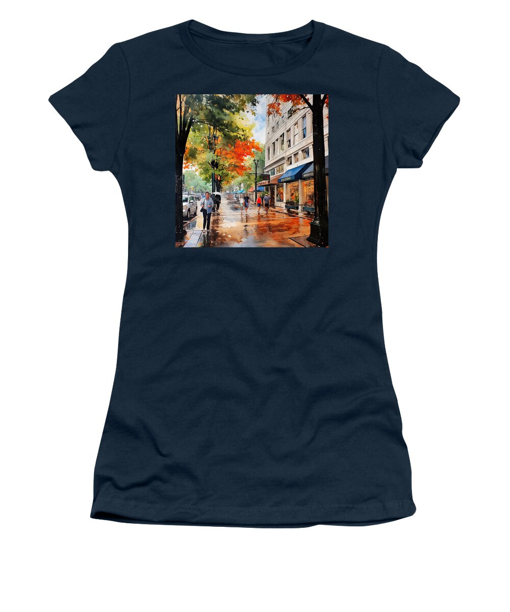 Hot Springs Arkansas Women's T-Shirt featuring the painting Impressionist Autumn Downtown by Lourry Legarde