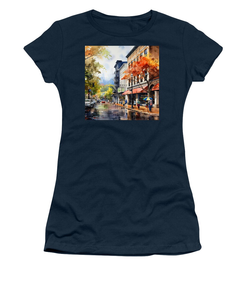 Hot Springs Arkansas Women's T-Shirt featuring the painting Impressionist Autumn Streets by Lourry Legarde