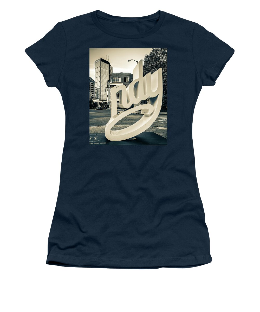 Indianapolis Skyline Women's T-Shirt featuring the photograph Indianapolis Script Sign - Sepia Edition by Gregory Ballos