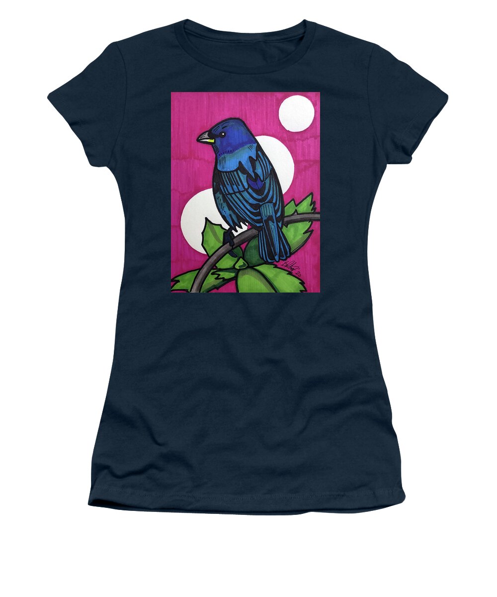 Indigo Bunting Women's T-Shirt featuring the drawing Indigo Bunting - Dark by Creative Spirit