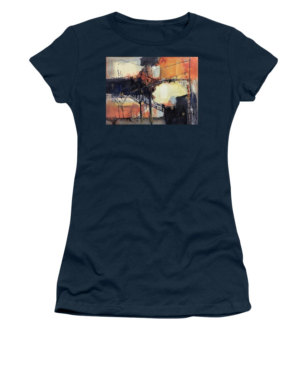 Watercolor Women's T-Shirt featuring the painting Industrial Sunset by Judith Levins