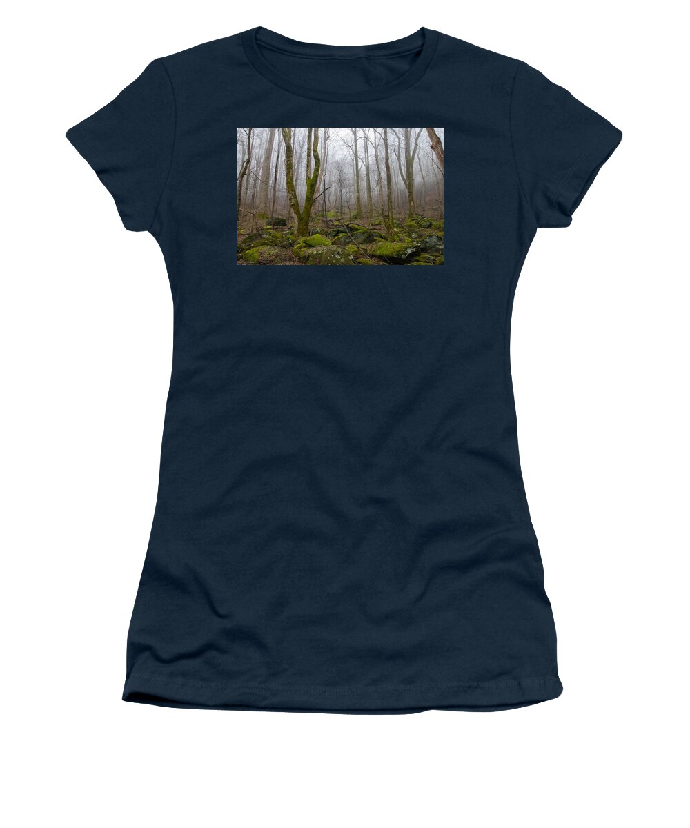 Landscape Women's T-Shirt featuring the photograph Into the Foggy Forest by Jamie Tyler